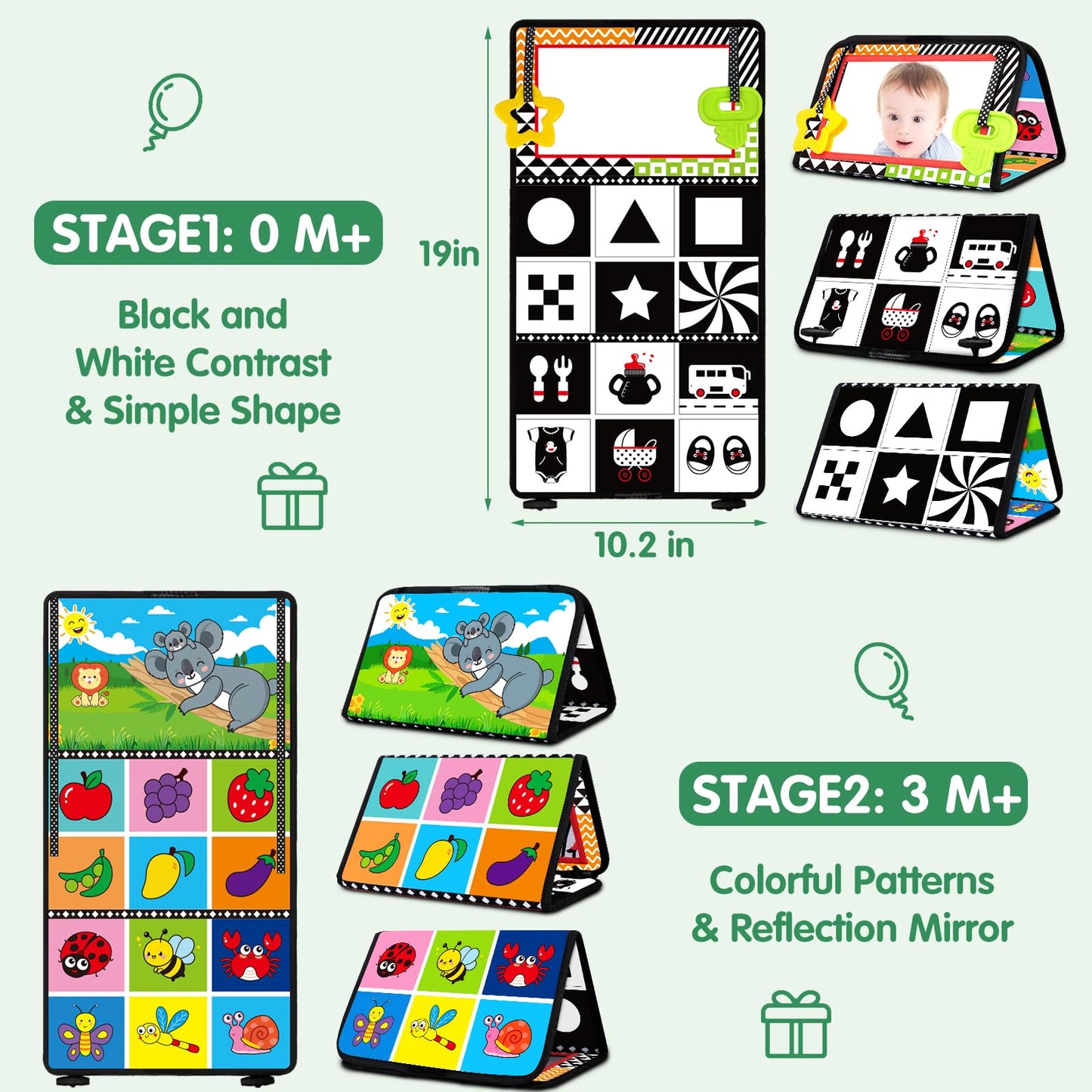 Arovan Tummy Time Baby Mirror Toy - Black & White High Contrast Infant Sensory Toy with Soft Activity Book & Teether for Newborns 0-3 Months