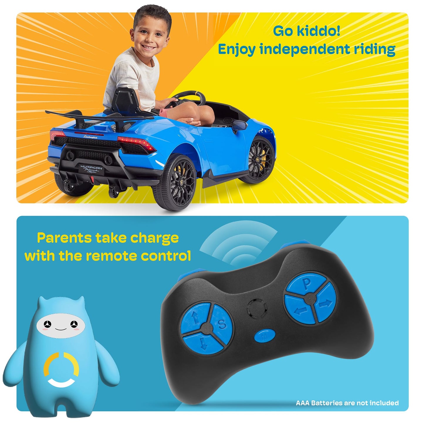 Kidzone Kids Licensed Lamborghini Huracan 12V Ride On Car Battery Powered Electric Vehicle Toy With 2 Speeds, 4-Wheel Drive, Sus