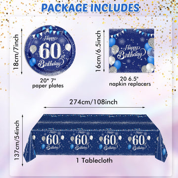 Blue 60Th Birthday Decorations For Men Navy Blue Silver Happy 60Th Birthday Tableware Set Include Happy 60Th Birthday Plates Nap