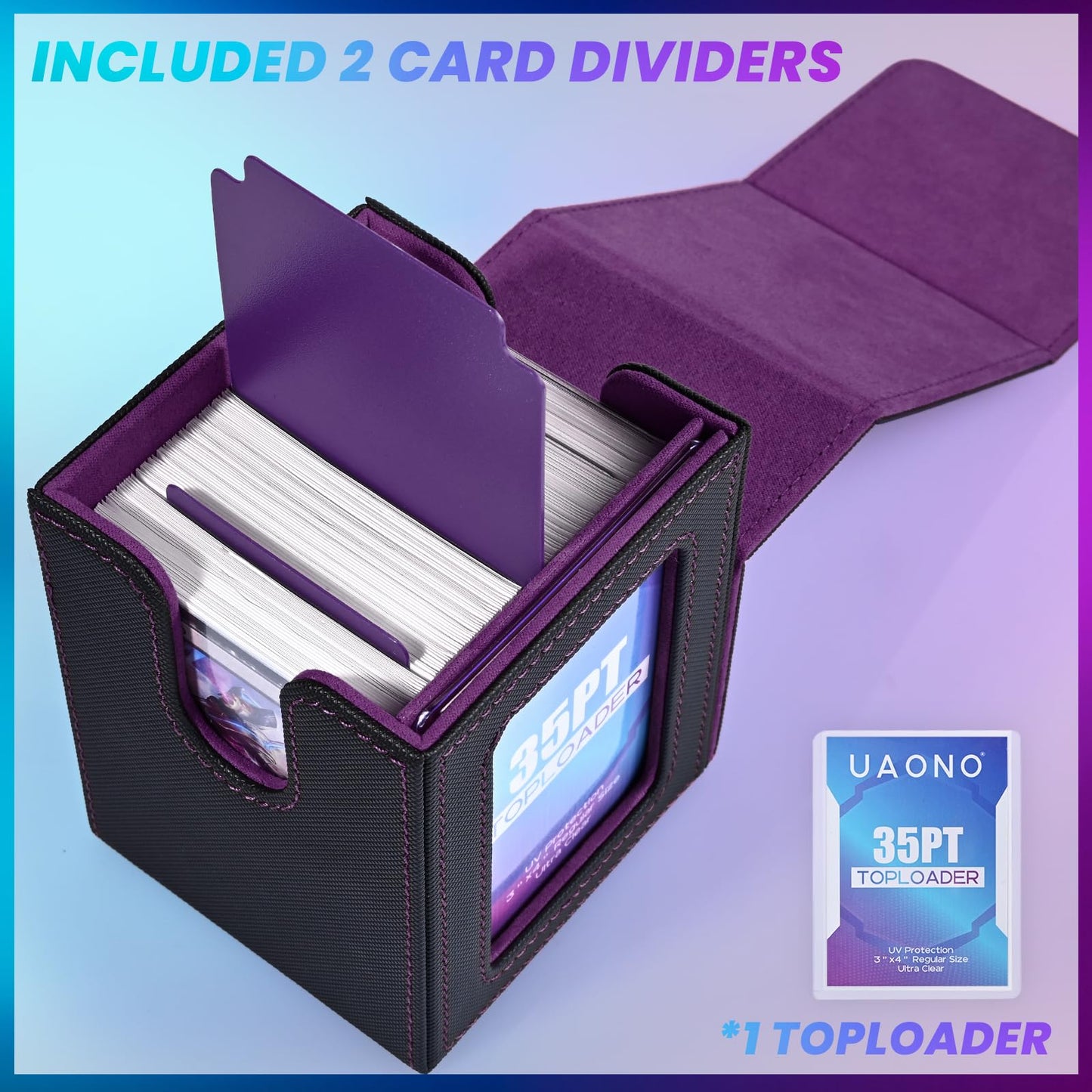 Uaono Card Deck Box With Mtg Commander Display, Deck Case Holds 100+ Double-Sleeved Cards, Trading Card Storage Box Fits Tcg/Ptcg/Sports Card With 2 Dividers, 1 Toploader (Black, Purple)