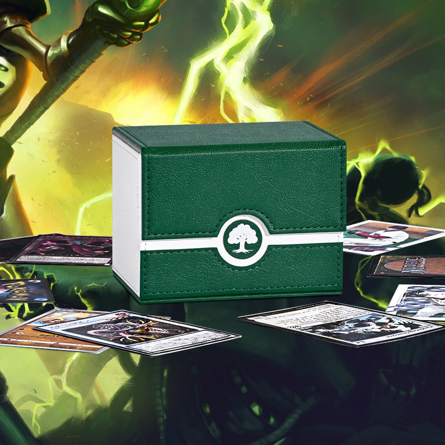 Uaono Mtg Card Deck Box For Trading Cards,Sideload Commander Deck Box Fits 120+ Sleeved Cards, Pu Leather Card Storage Box For Magic Yugioh Ptcg Cards (A- Green&White)