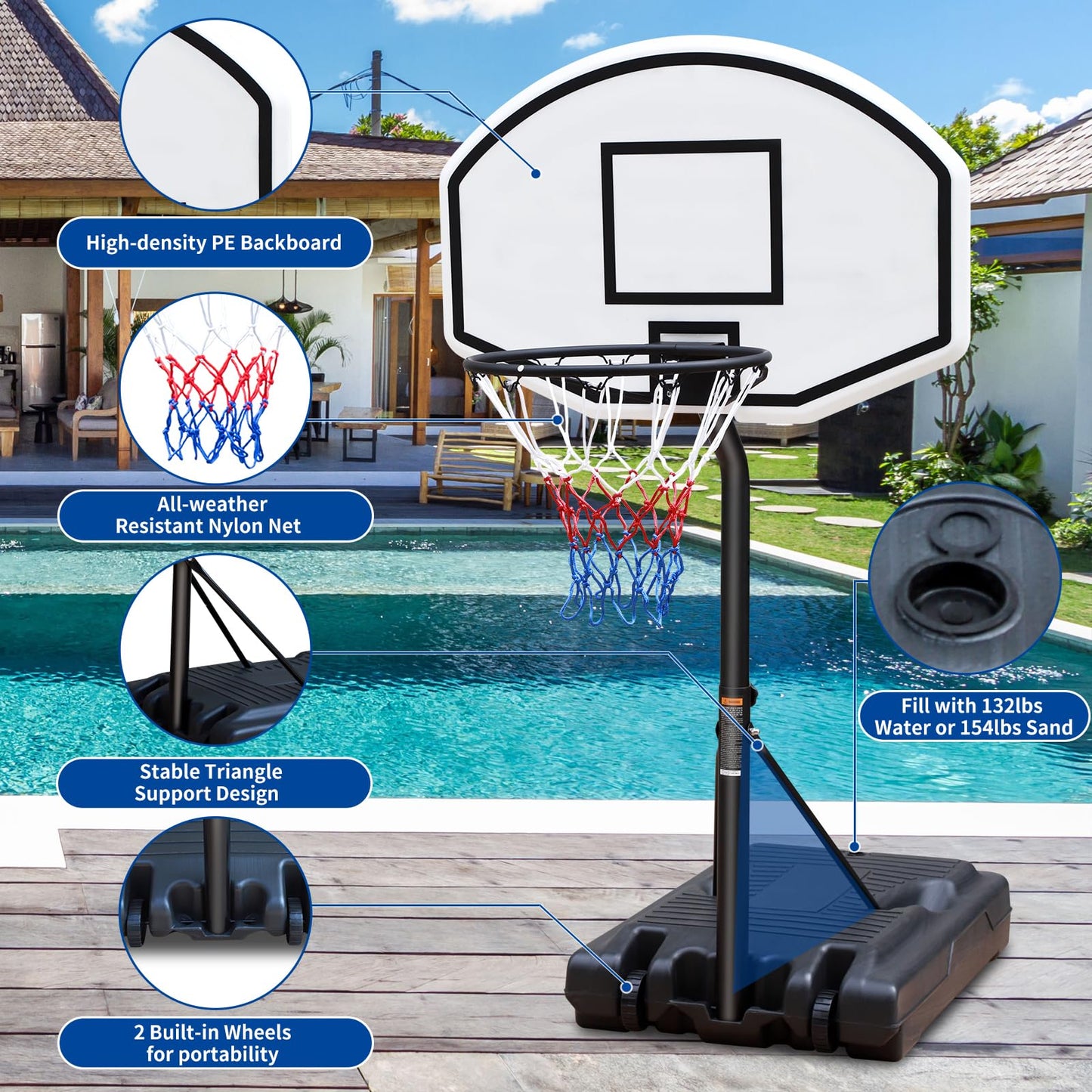 Generic Poolside Basketball Hoop with Height Adjustable 37''''-56'''' Swimming Pool Basketball System with 36'''' x 24'''' Backb