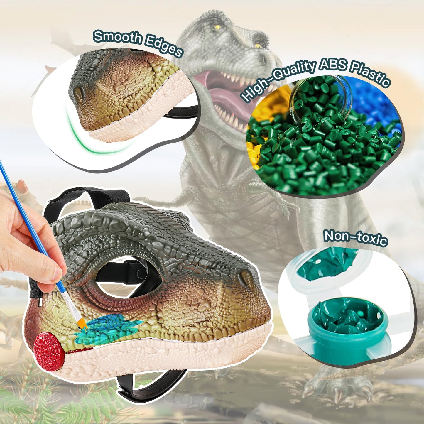 PaLeyFer Hard Plastic Dino Mask, 2 in 1 with Paints, Dinosaur Costume for Furry Girls Boys, Dinosaur Toys with Sounds for Kids 3