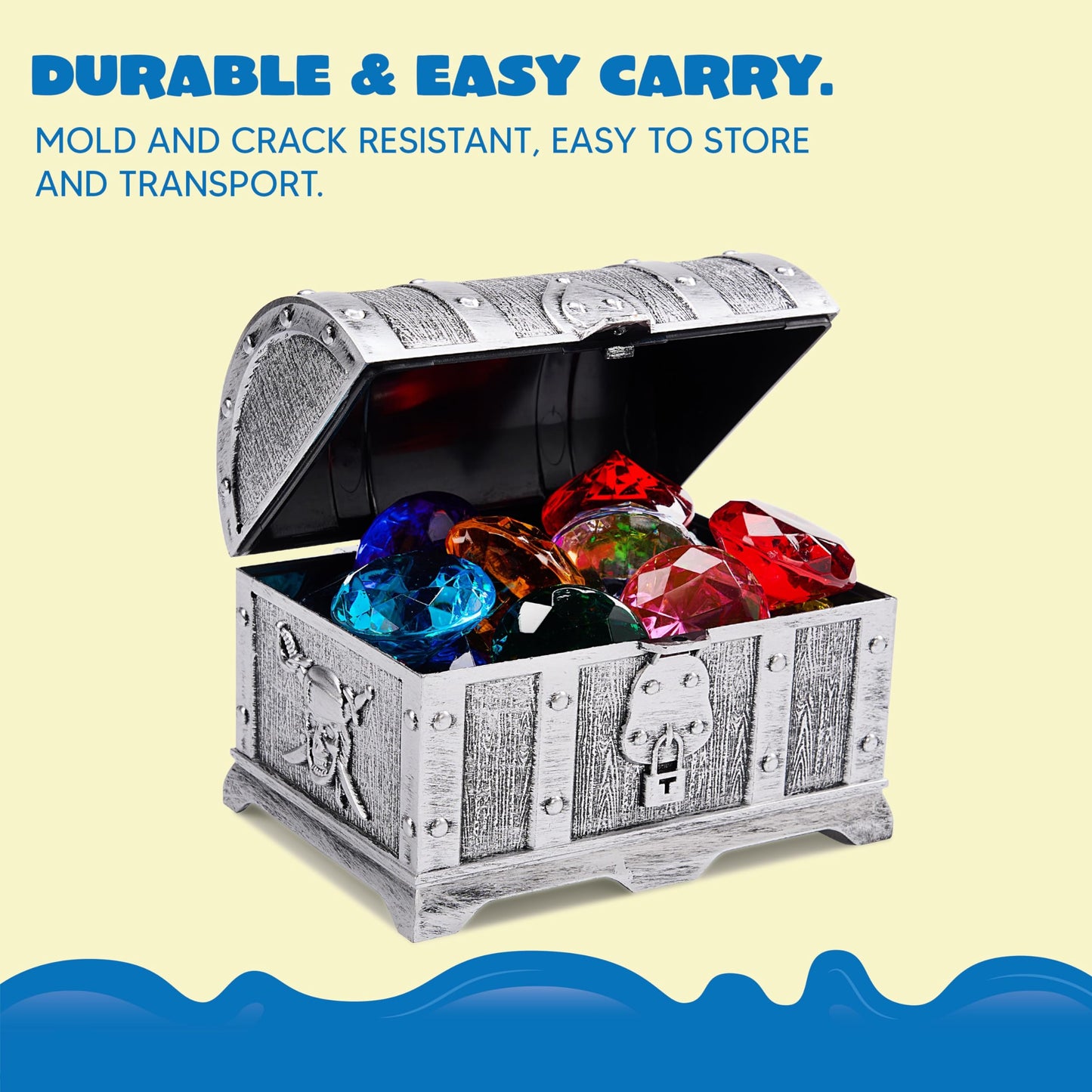 Sloosh Diving Gems Pool Toys, 16 Big Colorful Diamond With Pirate Treasure Chest, Swim Dive Toy For Kids Underwater Gemstone Swimming Training Gift Water Toys Pool Games(Silver)