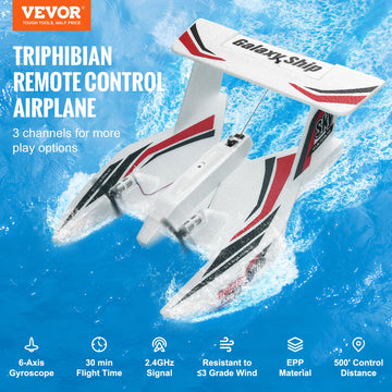 Vevor Rc Plane, 2.4Ghz 3Ch Rc Airplane With 6-Axis Gyro Stabilizer&2 Batteries, Ready To Fly Amphibious Aircraft Plane Toy For A