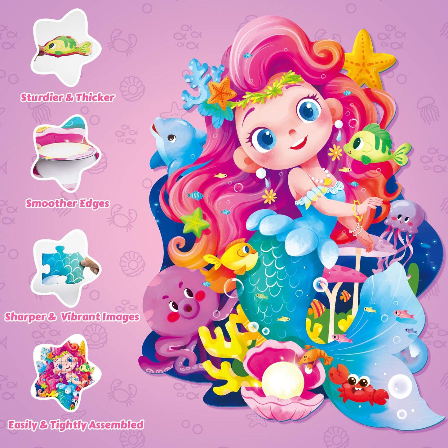 Mermaid Floor Puzzles For Kids Ages 4-6, Mermaid Toys For Girls, 59 Pieces Blue Cardboard Jumbo Jigsaw Puzzles For Toddlers, Edu