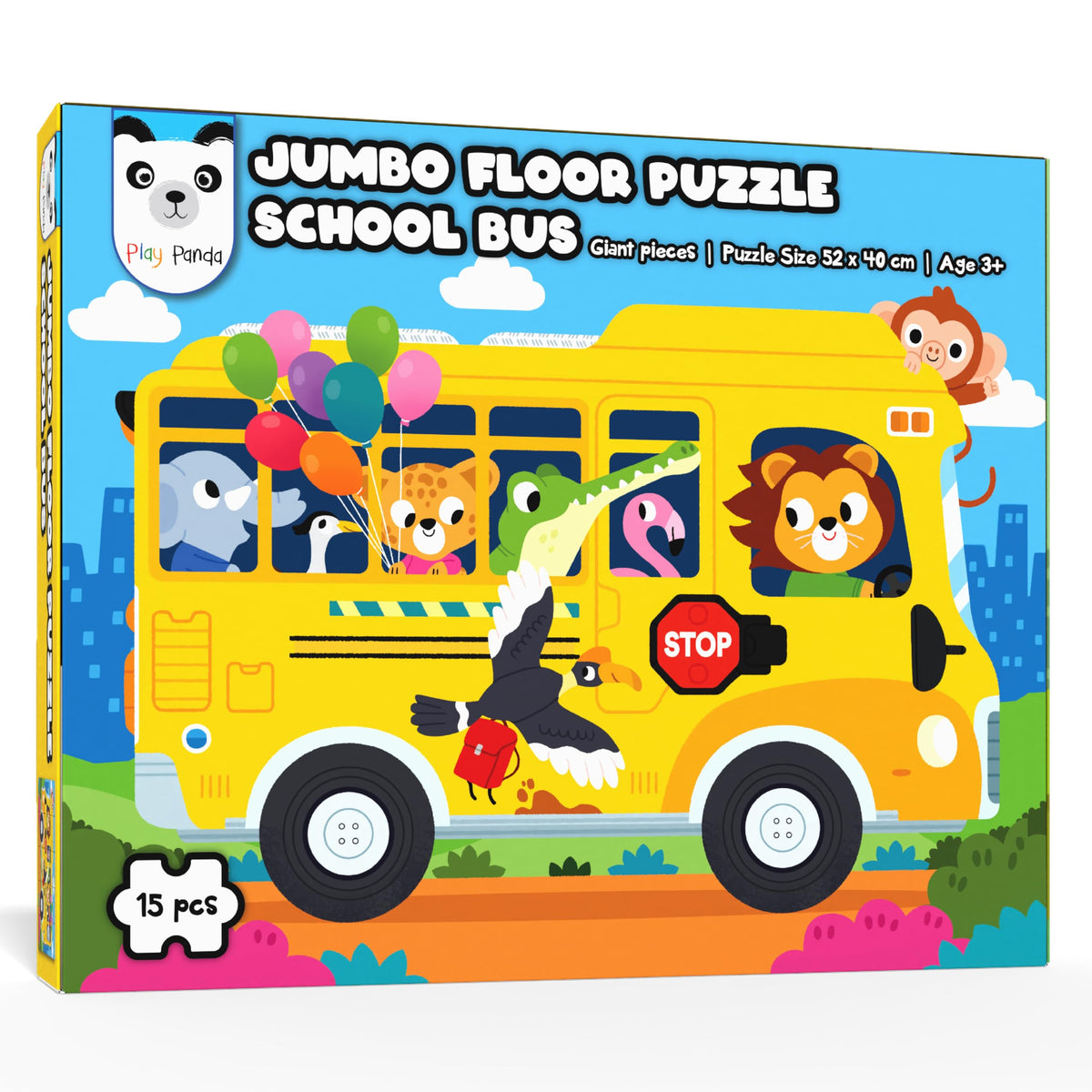 Play Panda School Bus Jumbo Floor Puzzle,15 Large Piece Learning Toy for Kids Age 3+