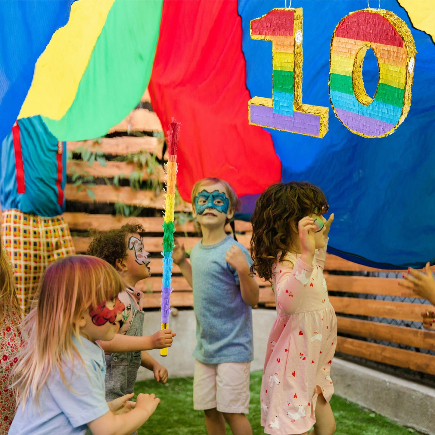 PCFING 20 Inch Number 4 Piata Rainbow with 30 Inch Piata Stick Blindfold Confetti for Boy Girl Kids Birthday Party Decorations,