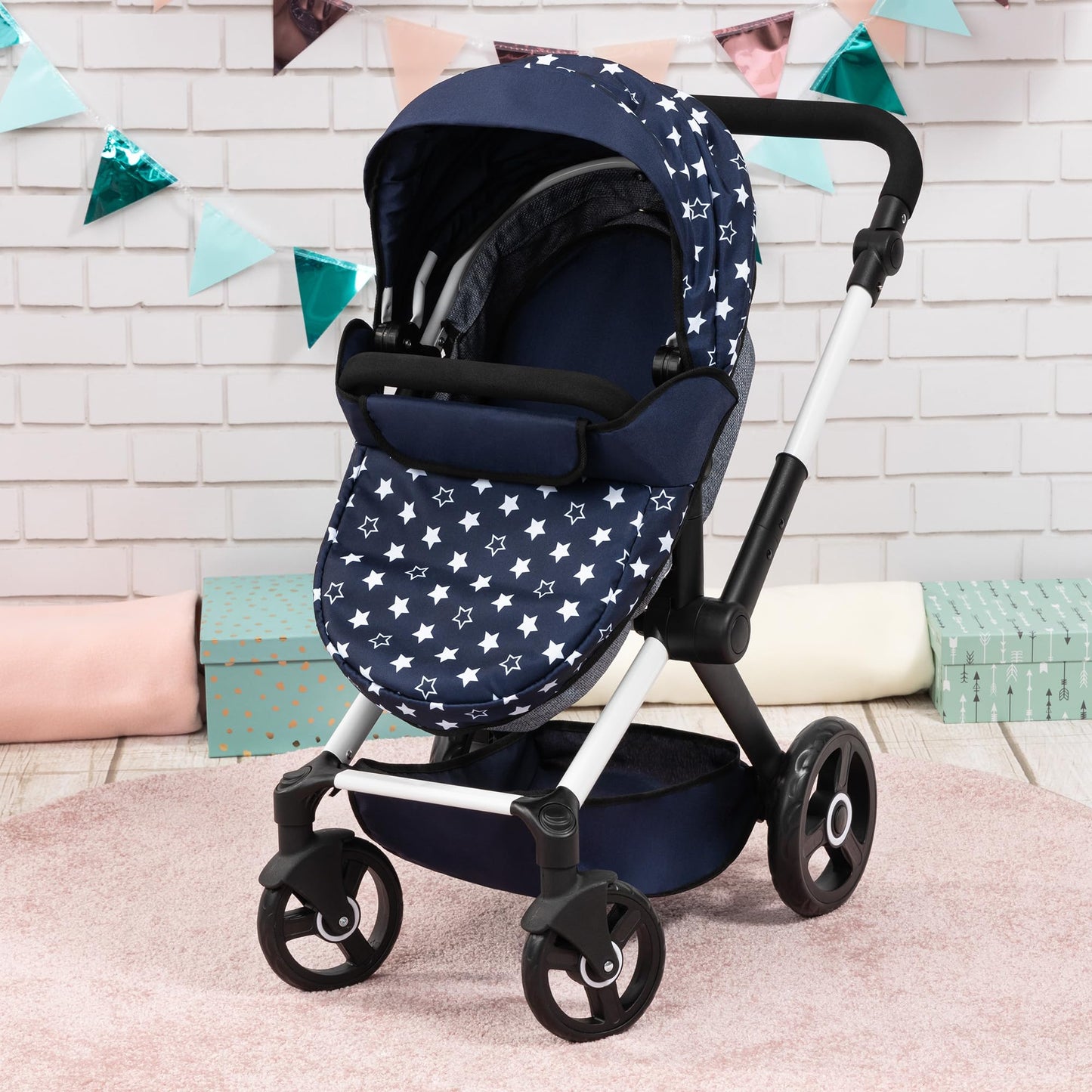 Bayer Design Dolls: Pram Xeo - Blue & White Stars - Dolls Up To 18'', Shoulder Bag, Convertible To Pushchair, Adjustable Handle,