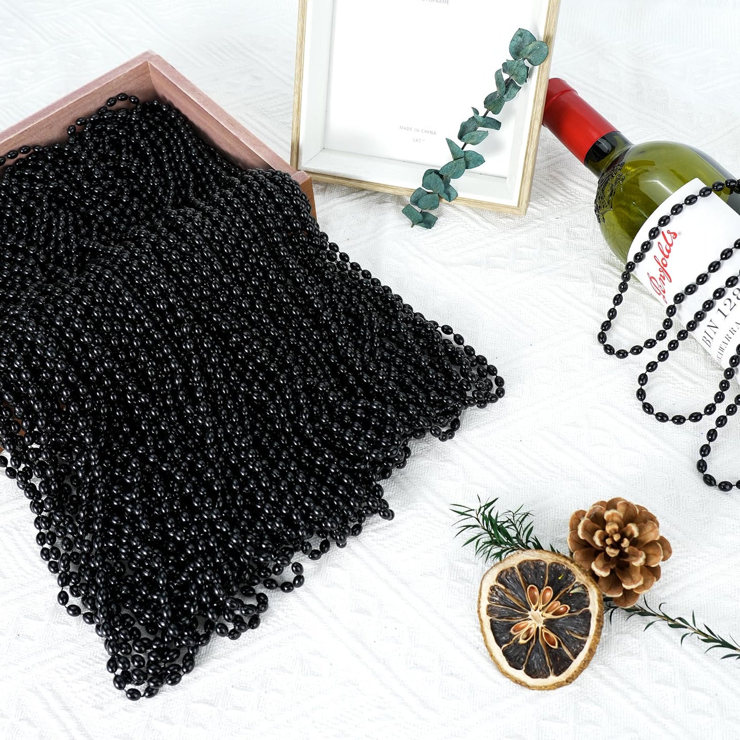 100 PCS Black Bead Necklace, Halloween Black Bead Necklaces, Mardi Gras Oval Beads, 30.5'' Metallic Beaded Party Necklaces for H