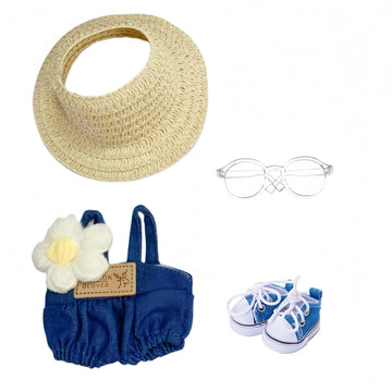 Designer Clothes for 17cm Doll enhanced Dolls Demin Overalls Clothes Cute Doll Outfit Accessories with Denim Overall Flower Pin Glasses Shoes and Straw Hat NZ002