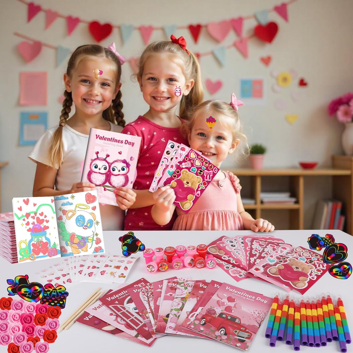 BenLouis Valentines Day Gifts Set for Kids Hearts Coloring Book School Classroom Exchange Reward Prize Crafts Bulk for Students