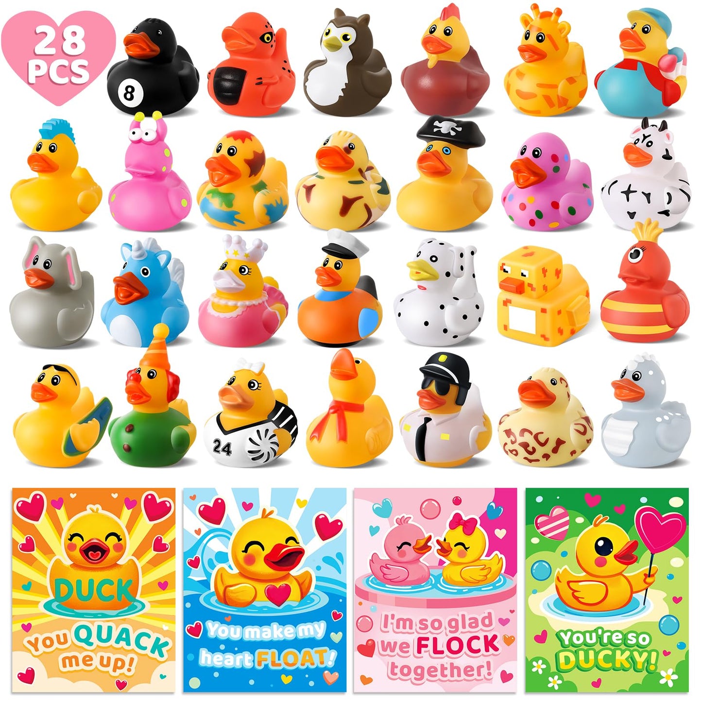 Anggiko 28 Pack Valentines Cards For Kids Classroom School With Valentines Rubber Ducks, Assorted Valentines Day Jeep Ducks Toys