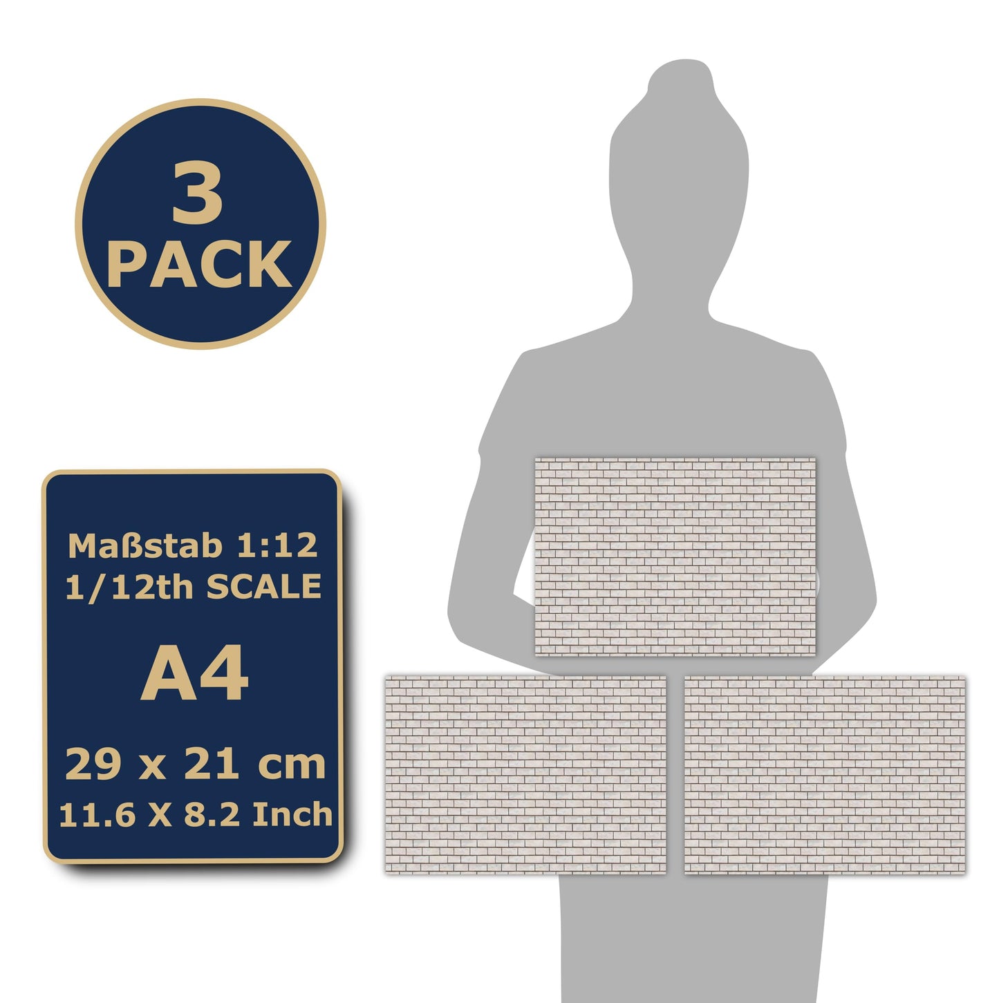 3 Sheets Self-Adhesive Wall Cladding For Dollhouse 1:12 Scale (White Bricks 1)