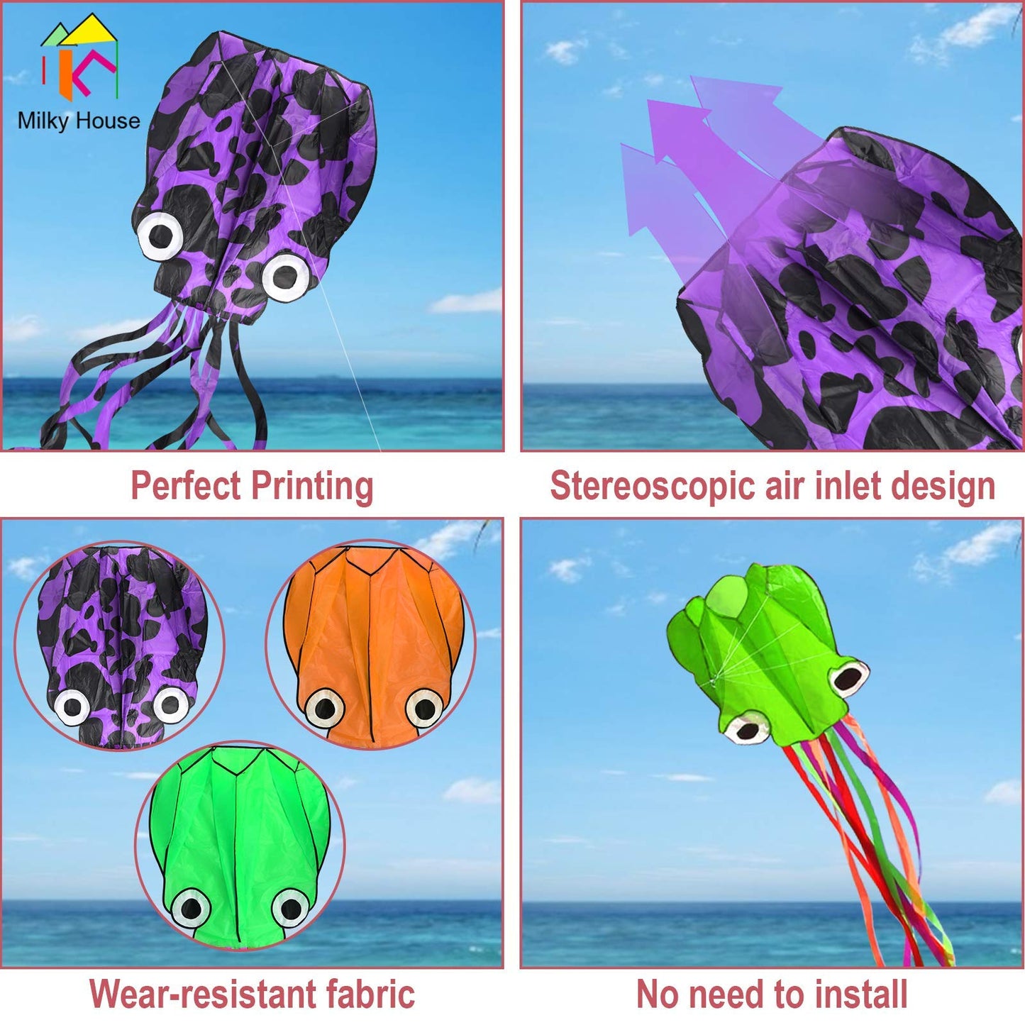Octopus Kite 3 Pack, Kites For Kids Easy To Fly, Kites For Adults, Kites For Kids Ages 8-12, Kite For Toddlers, Kites For Beach, Kite String 100M Large 3D Giant Rainbow Kites For Boys, Kites For Girls