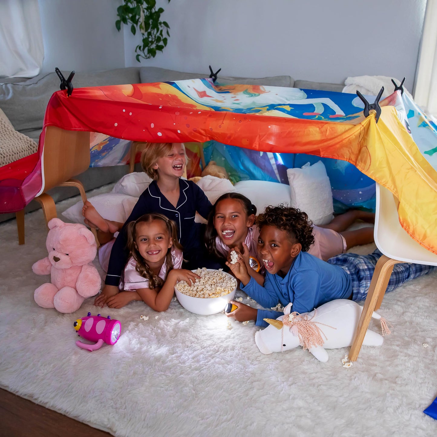 Fort Building Kit Blanket, X-Large 10' X 10' With Clips, Hooks And Sandbags, Play Blanket Fort Indoor Kit, Use As A Canopy, Play