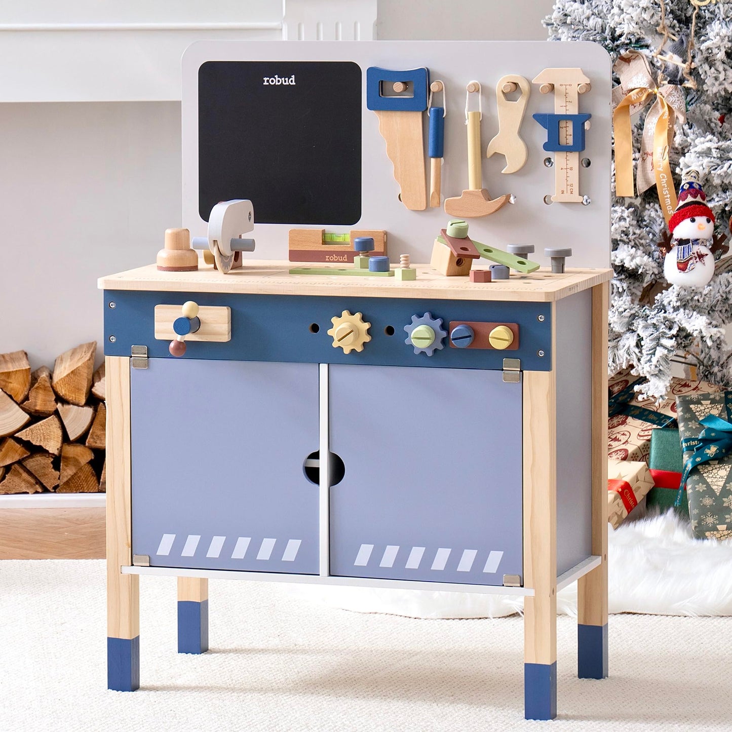 ROBUD Wooden Toy Workbench, Large Kid's Wooden Play Tool, Pretend Play Creative Building Set, Construction Workshop Tool Bench T