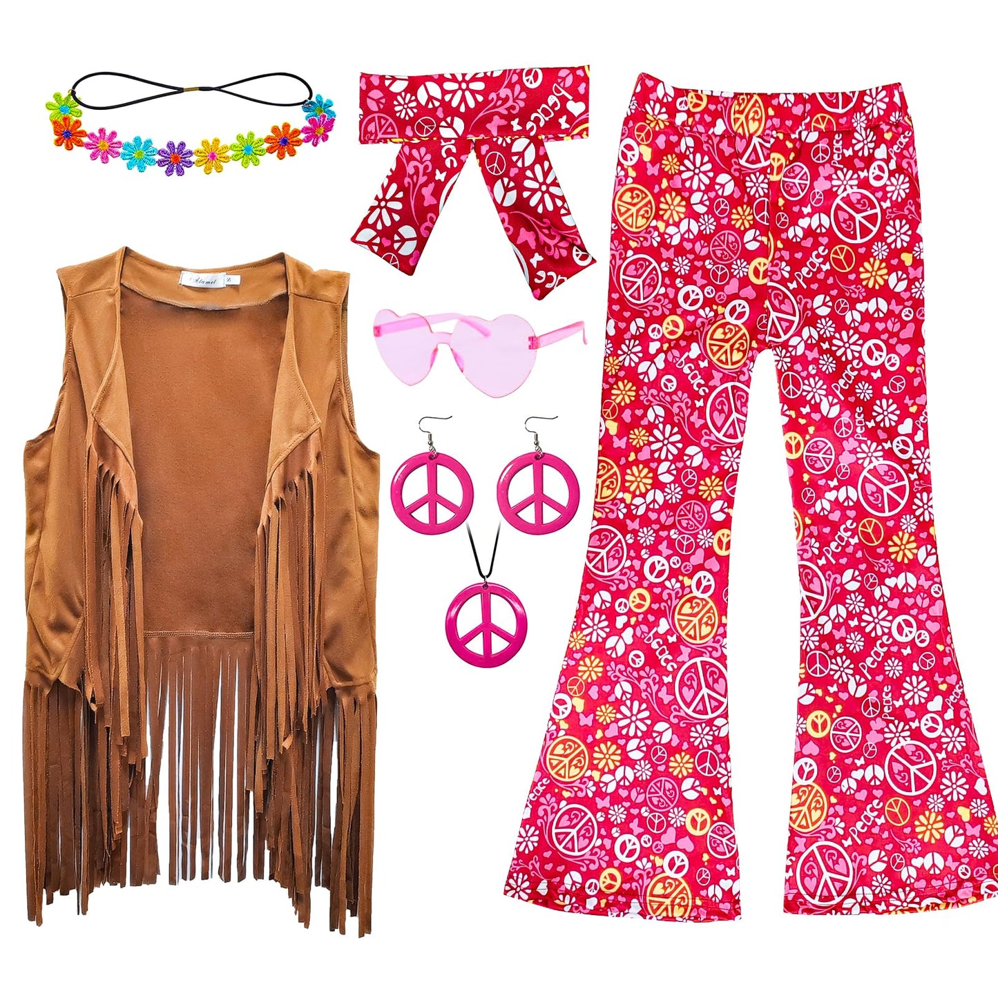 Xonyicos 8 Pcs Girls Kids 60S 70S Hippie Costume Disco Outfits Fringe Vest Boho Bell Bottoms Hippie Outfits Accessories Set (Bro