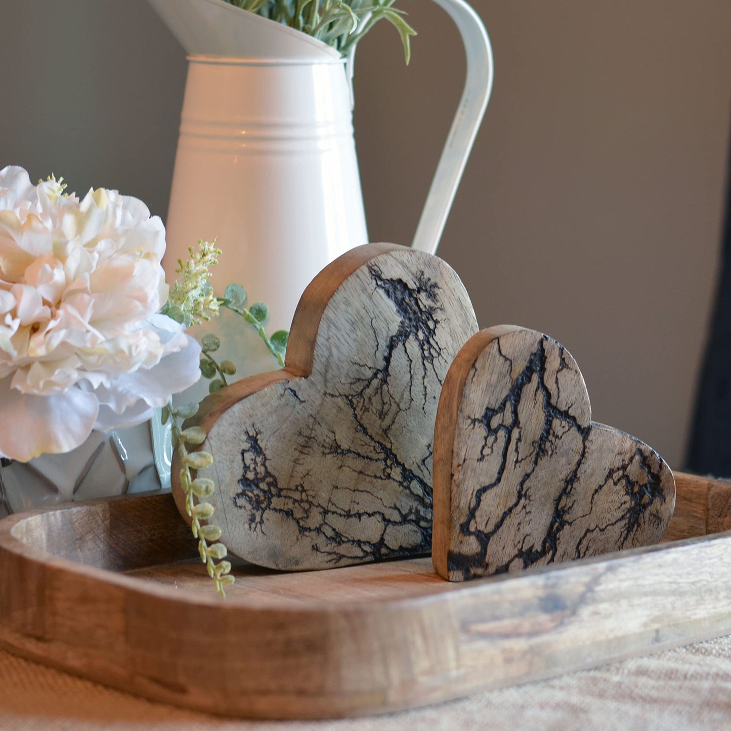 Whw Whole House Worlds Tree Of Life Embellished Hearts, Set 2,Carved Mango Wood, Rustic Incised Branch Pattern, 6.25 And 4.75 In