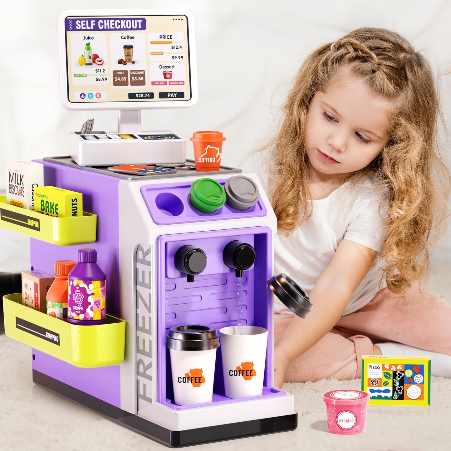 Jovow 48-Piece Pretend Play Cash Register Toy Set For Kids With Water Outlet Function - Calculator, Shopping Bag, Scanners, Coff