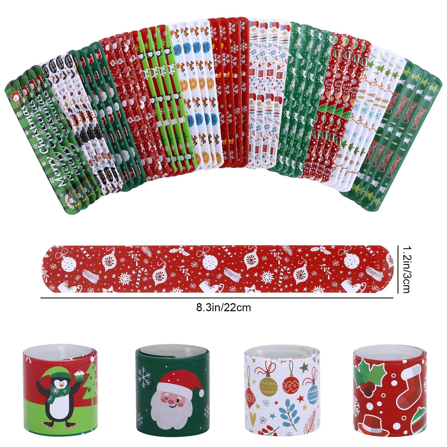 TAOVEN 48PCS Christmas Slap Bracelets, Xmas Slap for Christmas Party Favor Decoration (green,white,red)