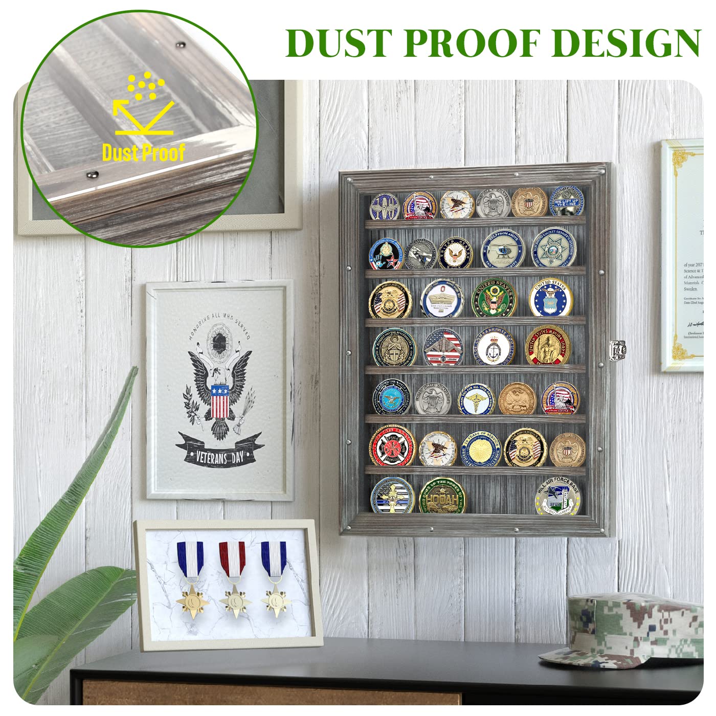 J JACKCUBE DESIGN Military Challenge Coin Display Case Holder, Large 13x17.5 inches Rustic Wood Wall Mount Cabinet - MK614A
