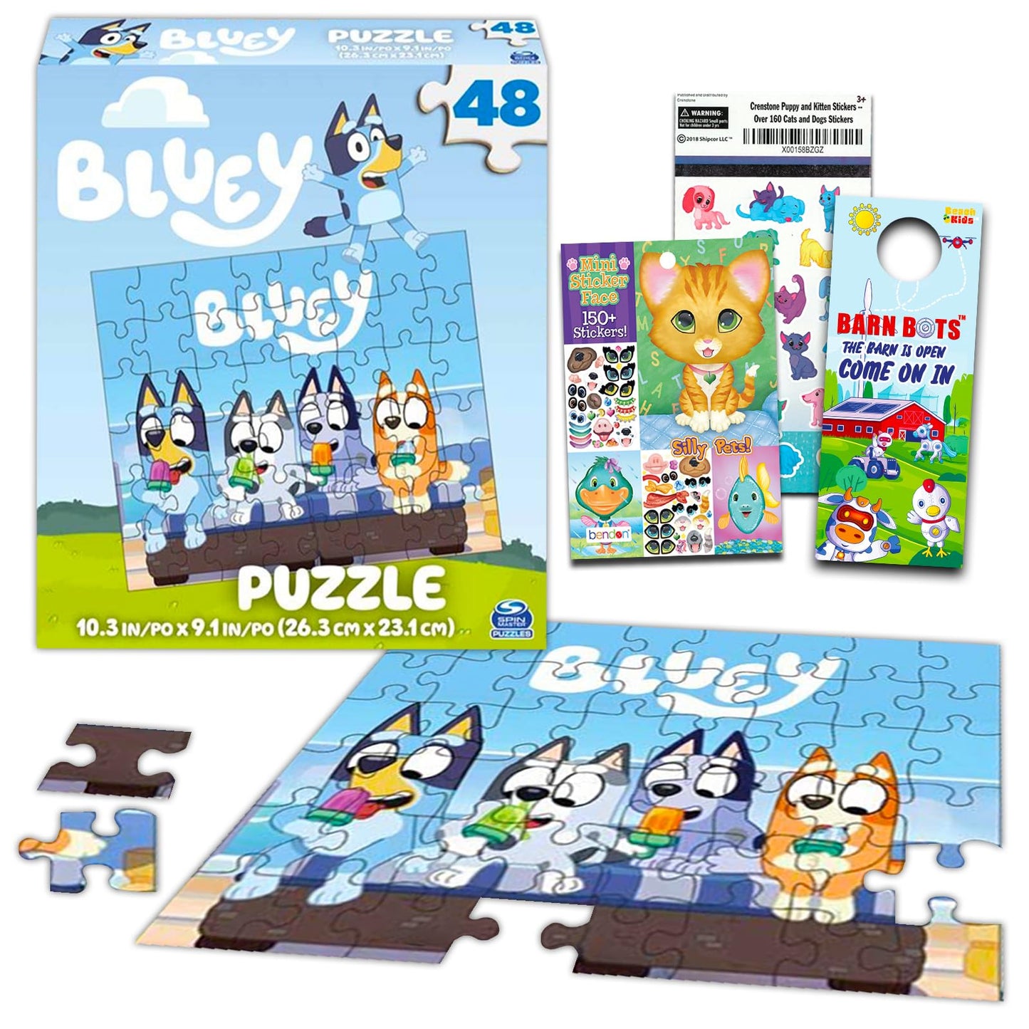 Bluey Premier 48 Pc Puzzle Set For Kids - Bluey Party Supplies Bundle With 1 Bluey Puzzle, Crenstone Puppy Stickers, And More (B