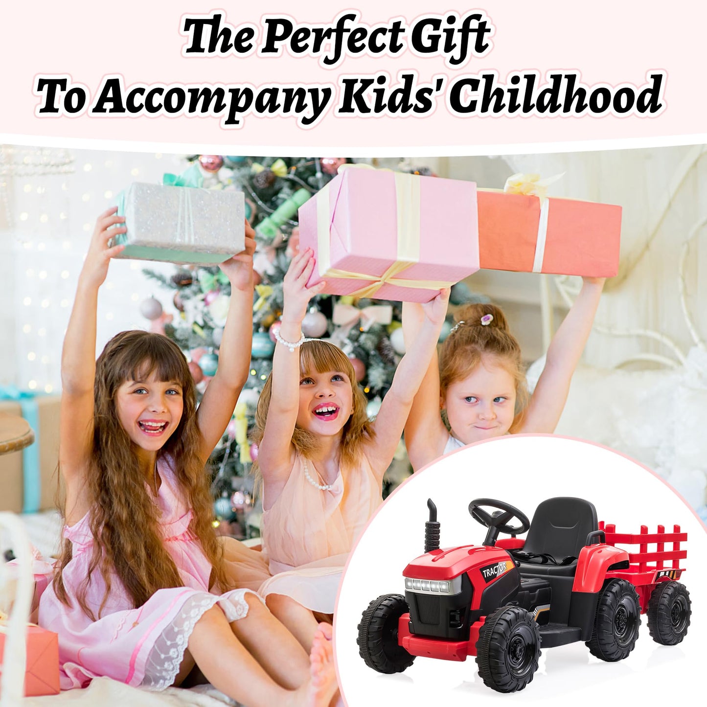 Tobbi 12V Battery-Powered Toy Tractor With Trailer And 35W Dual Motors,3-Gear-Shift Ground Loader Ride On With Led Lights And Usb Audio Functions In Red