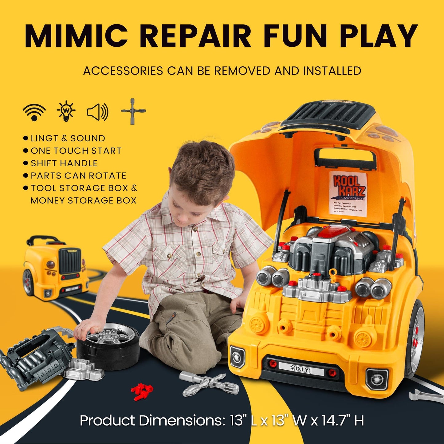 Kool Karz Playground Truck Engine Toy For Boys Age 3-5, Mechanics Repair Set With Realistic Lights, Sounds & Parts, Great Builde