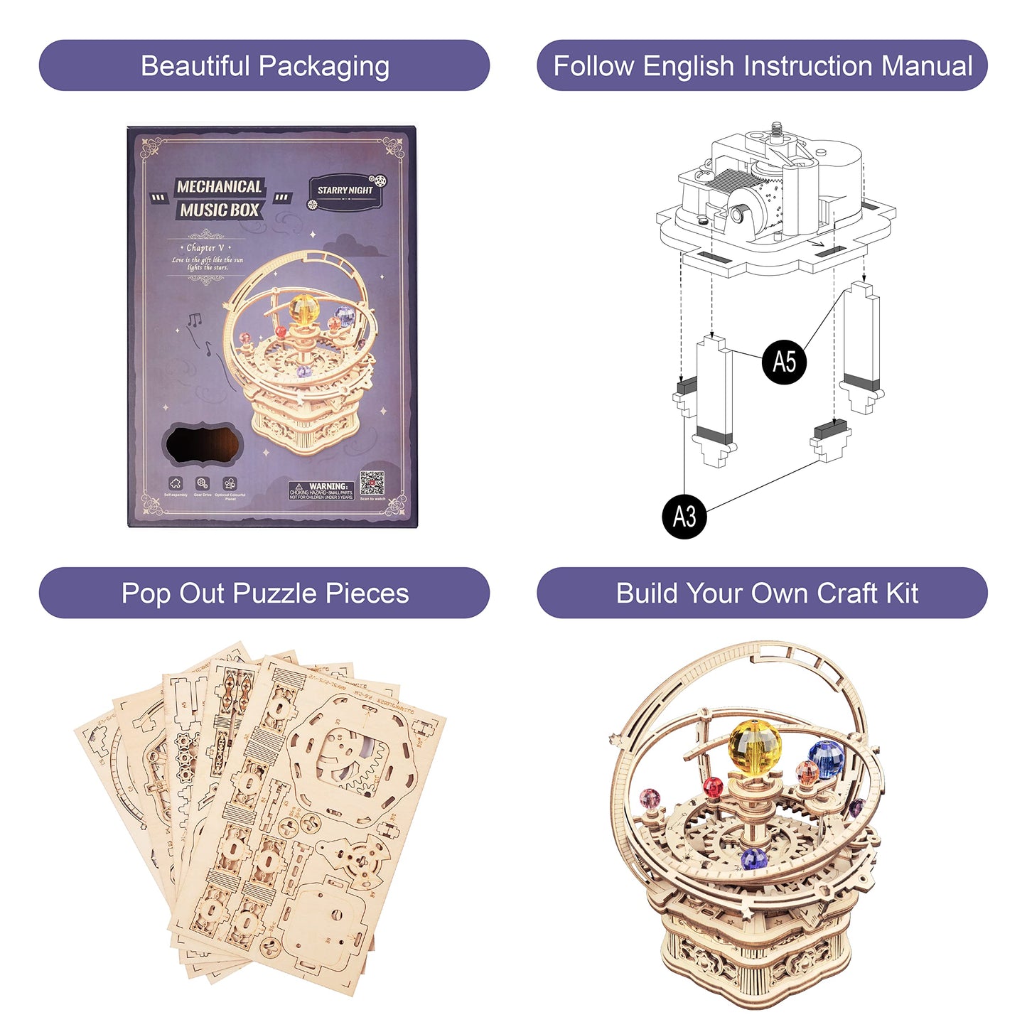 Rowood Music Box 3D Puzzles For Adults, Diy Wooden Mechanical Building Model Kits, Gift For Teens Kids On Children'S Day/Birthday/Christmas - Starry Night