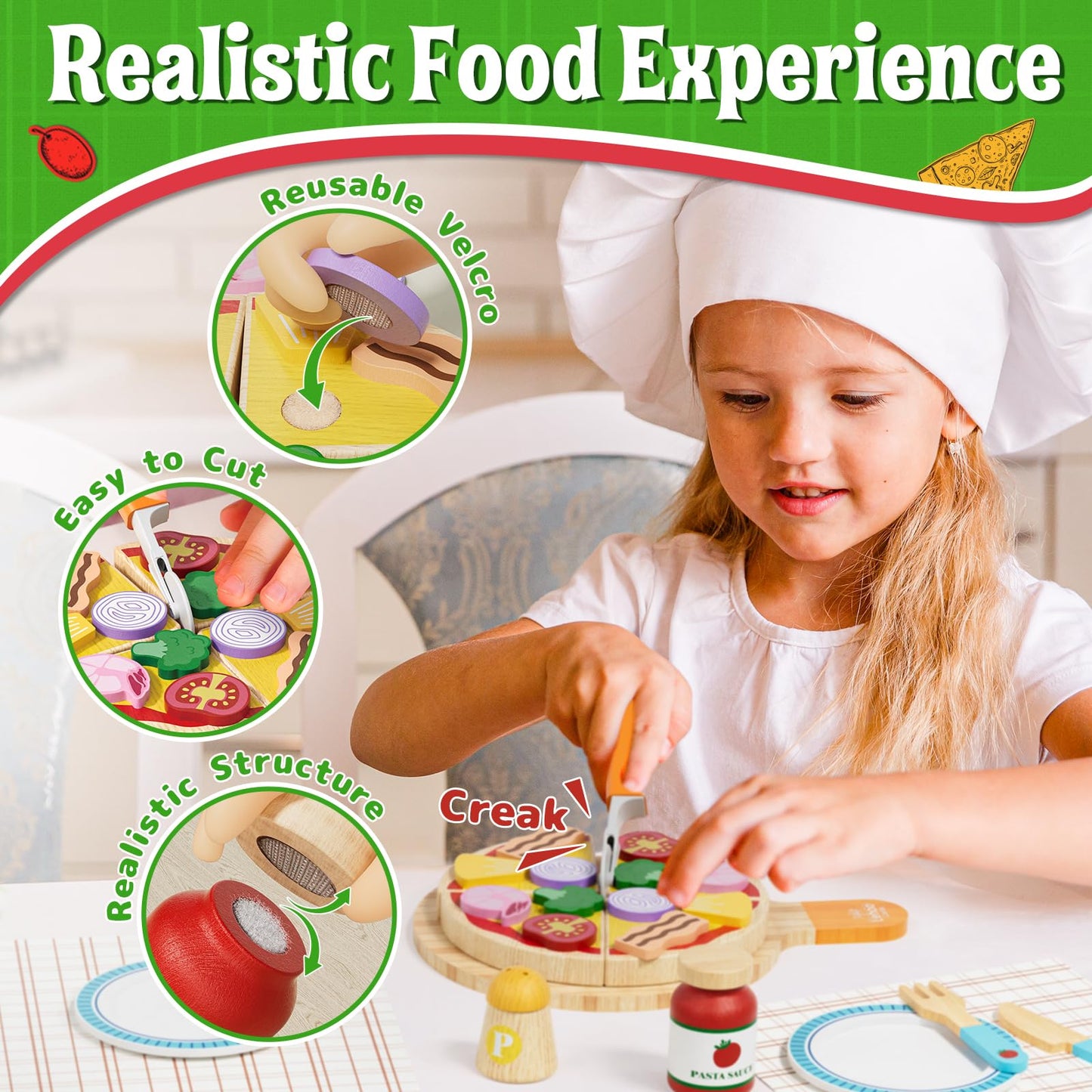 Lehoo Castle Play Food Sets for Kids Kitchen, Wooden Toys Play Kitchen Accessories with Pot and Pan, Pizza Toy Pretend Play for
