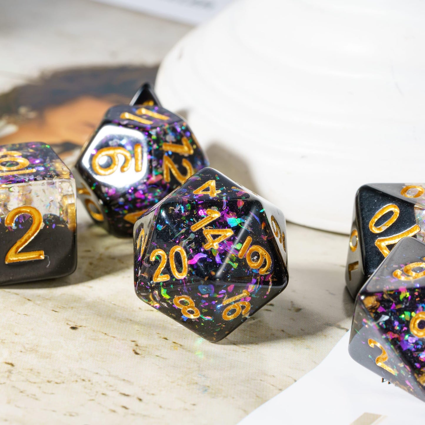 HDdais Resin DND Dice Set, 7PCS Black Polyhedral Dice Set D&D Filled with Colorful Foil for Dungeons and Dragons Role Playing Ga