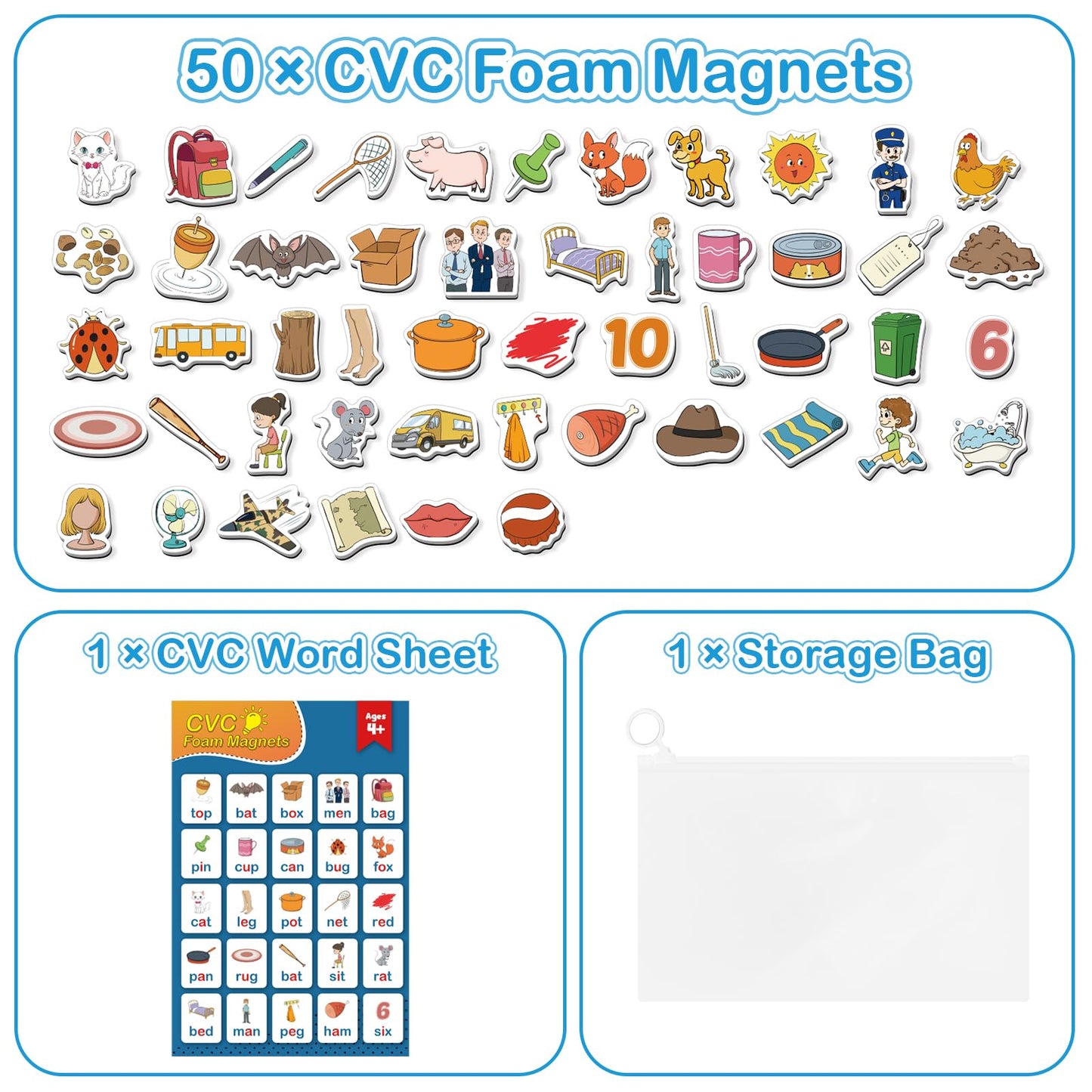 Kasfalci Cvc Word Games,50 Magnetic Foam Objects,Fridge Magnets For Kids,Speech Therapy Toys For Toddler,Learn To Read Spelling