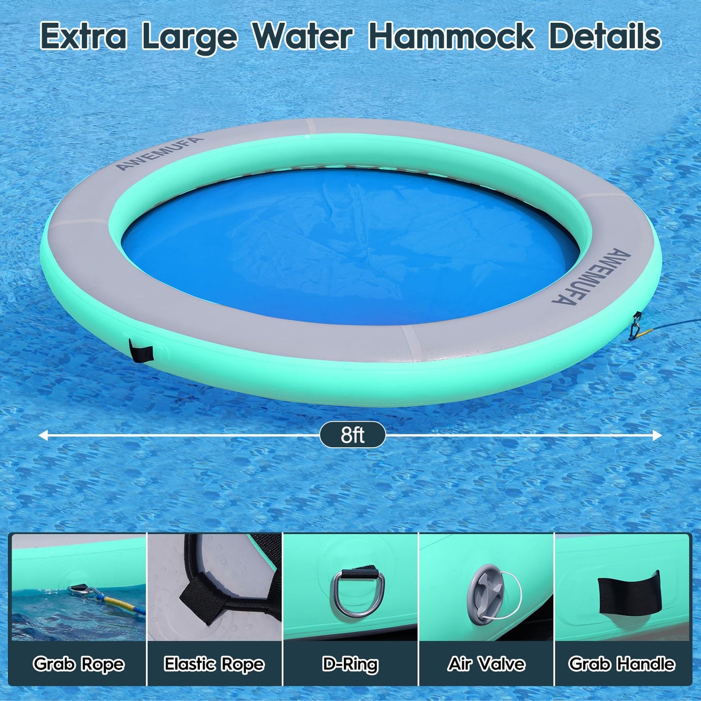 Awemufa 8Ft Floating Ring Lake Raft For Adults 8 Inch Thickness Inflatable Water Hammock Multi-Person Party Water Toys Round Min
