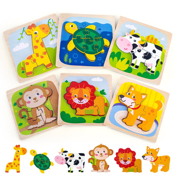 6 Pack Wooden Puzzles For Toddlers 1-3 Years Old - Montessori Toys For 2-Year-Old, Educational Toys With 6 Animal Patterns Puzzl