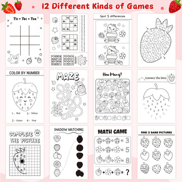 Strawberry Activity Books For Kids - 24Pcs Strawberry Mini Games Coloring Book Set Bulk Fruits Patterns Mazes Word Search Word S