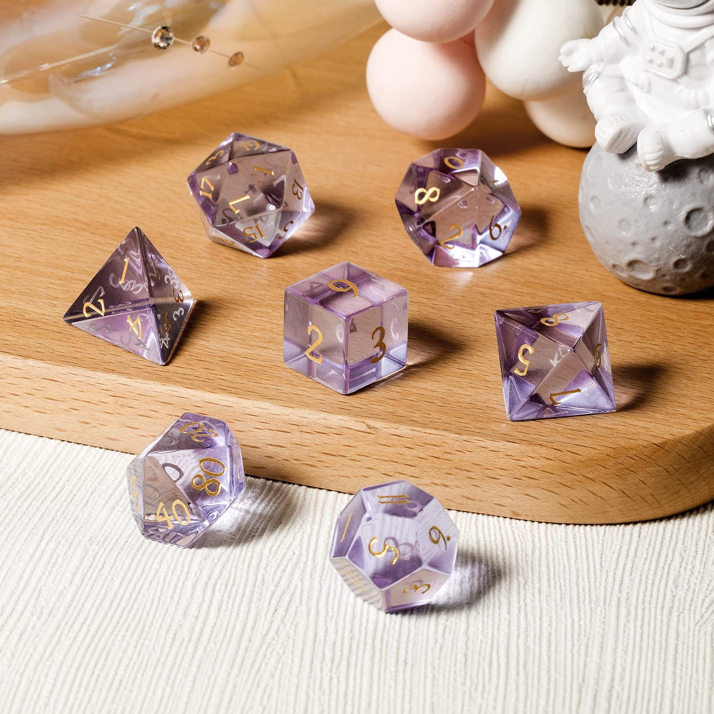D&D Dice DNDND 7 Piece Zircon Glass Dice Set with Great Gift Box for Dungeons and Dragon DND Tabletop Game (Purple Glass with Go