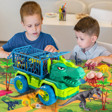 TEMI Dinosaur Truck Toys for Kids - Tyrannosaurus Transport Car Carrier with 8 Dino Figures, Play Mat & Accessories, Model 296