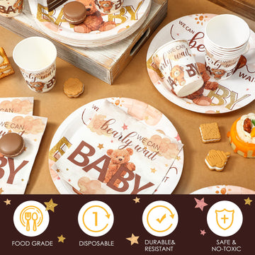 Hushee 200 Pcs Brown Bear Baby Shower Paper Plates Napkins Cups Baby Shower Party Supplies Tableware Set Brown Bear Disposable C
