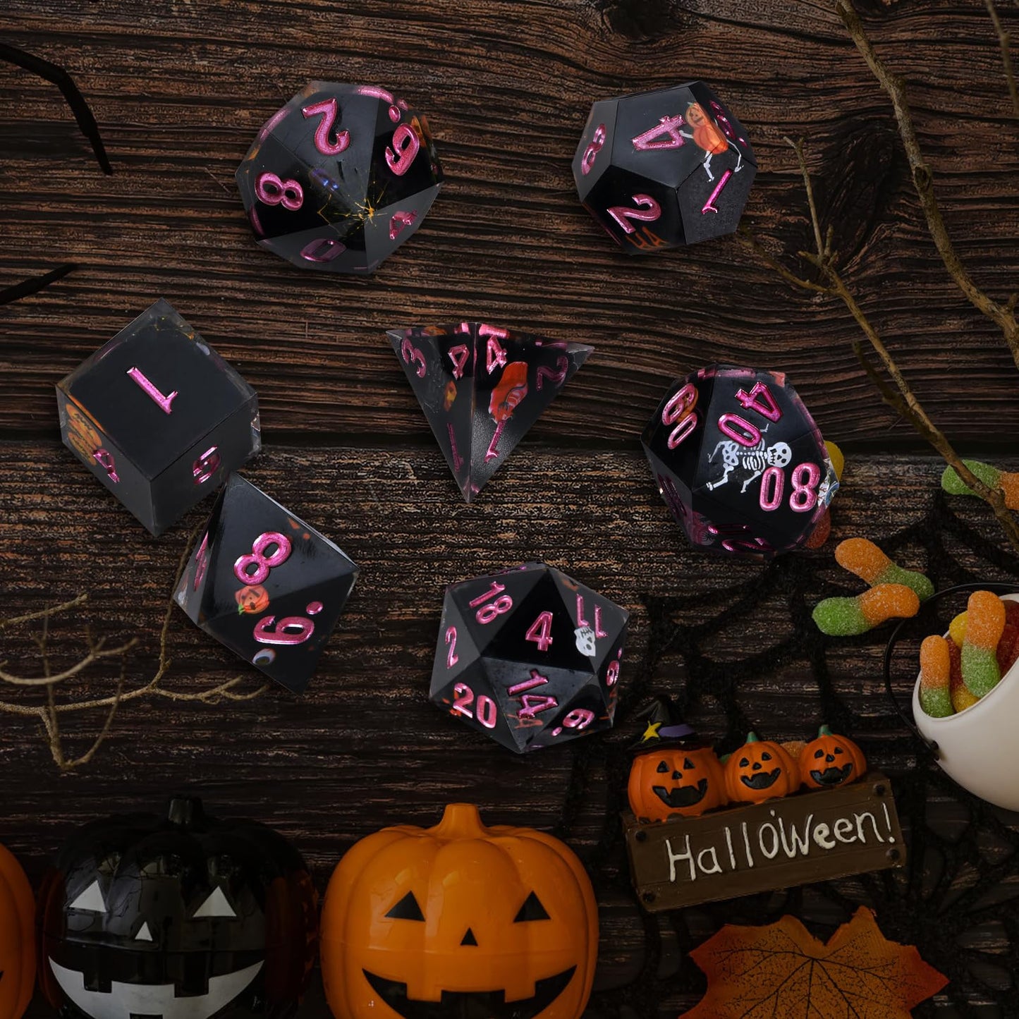 Core-Wrapped Dragon & Dungeon Dice - Heart, Skull, Pumpkin, D20, W20, Sharp Corners, Polyhedral Role Playing Gaming Dice
