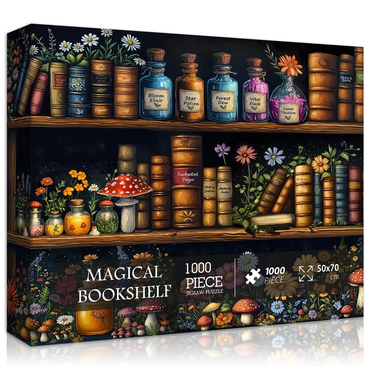 Magic Bookshelf Puzzles for Adults 1000 Pieces, Vintage Book Wildflower Pages Jigsaw Puzzle 1000 Pieces, Plant Floral Potion Mus