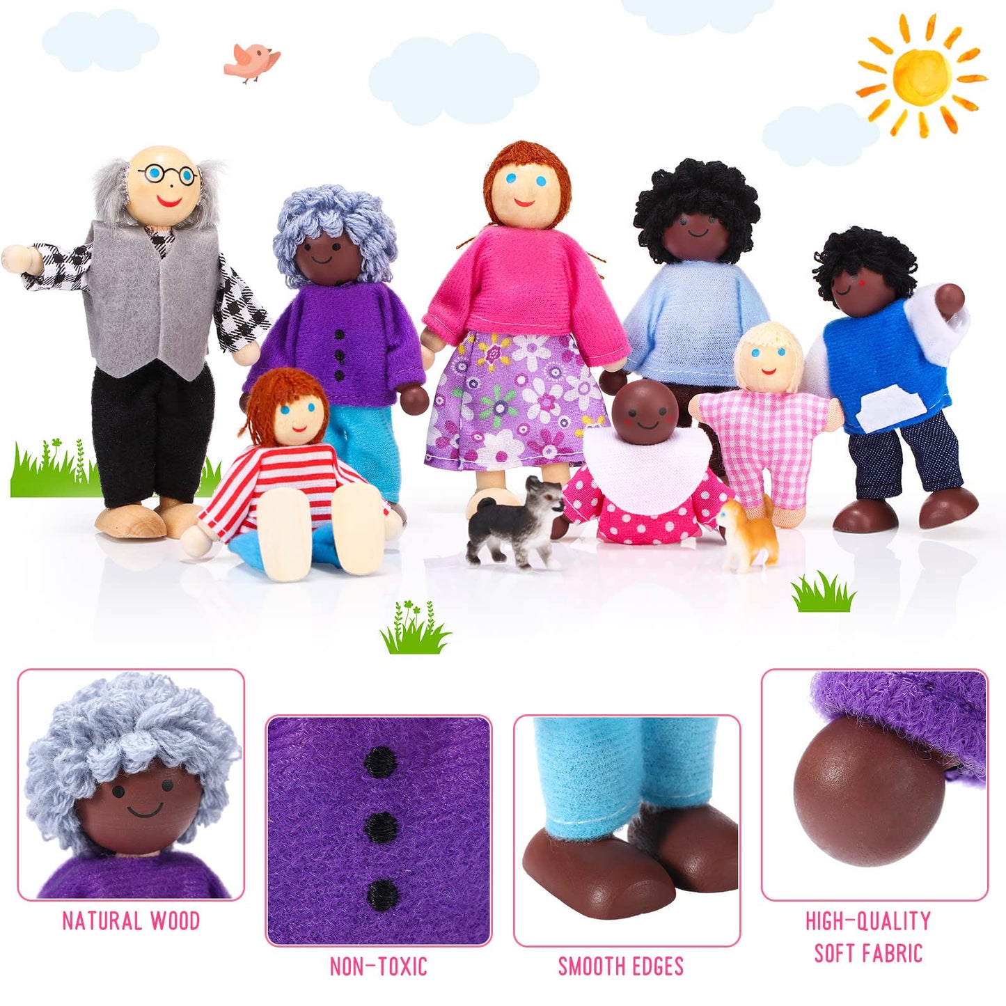 20 Pcs Wooden Dollhouse Family Set Of 16 Mini People Figures And 4 Pets, Dollhouse Dolls Wooden Doll Family Cosplay Figures Acce