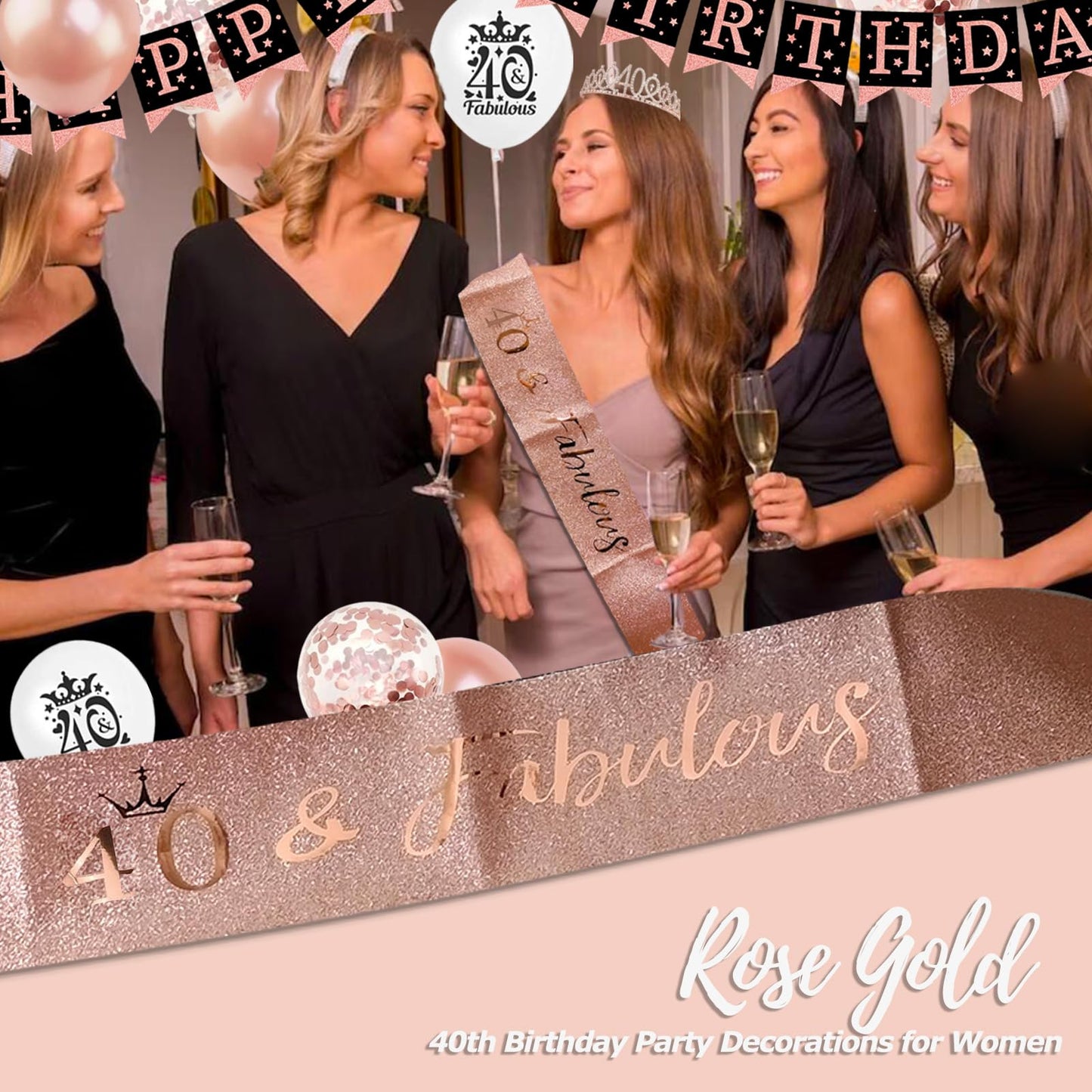 40Th Birthday Decorations For Women,Rose Gold Happy 40Th Birthday Party Decorations Woman Birthday Balloons 40 And Fabulous Sash