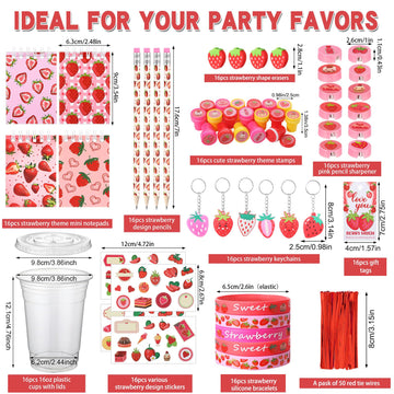 Colarr 161 Pcs Strawberry Party Favors School Stationery Set Includes Gift Cup Notebook Pencil Sharpener Eraser Keychain Stamp S