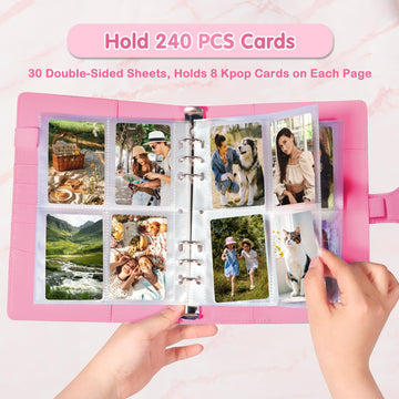 A5 Kpop Photocard Binder PU Leather 6-Ring Album with Magnetic Closure Includes 30 Pack 4-Pocket Pages for 240 Cards Card Holder for Trading and Collectible Cards (Rose)