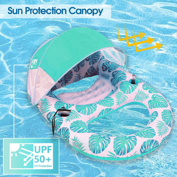 Coolcooldee Pool Lounge Float With Canopy Upf50+,Extra Large Pool Floats For Adults Heavy Duty,Inflatable Lounger Float With Cup Holder & Backrest,Footrest(Green)