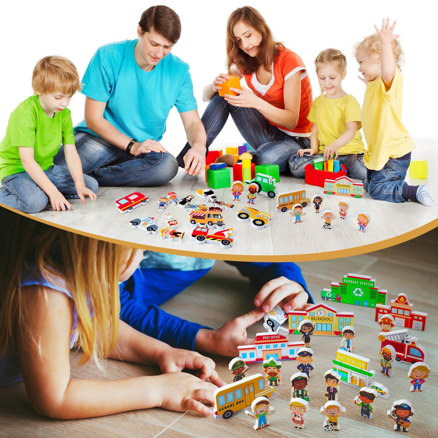 Gemscream 50 Pcs Wooden Community Helpers Pretend Play Set Community Includes Little Wooden People Buildings Cars Multicultural