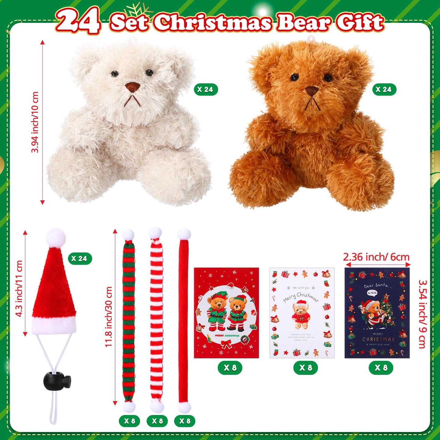Foilswirl 24 Sets Christmas Mini Plush Bear 4 Inch Stuffed Animal Bulk Small Soft Bear Toys With Santa Hat Scarf Cards Gift Bags