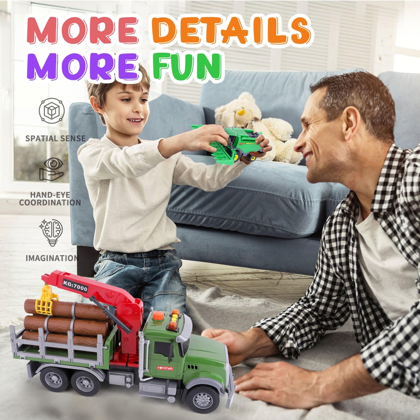 wakelnsa 15'' Big Truck Toys Set,Include Farm Truck,3 Random Metal Truck,Toy Truck with Hook,Toys for Boys Age 3-7 Christmas & B