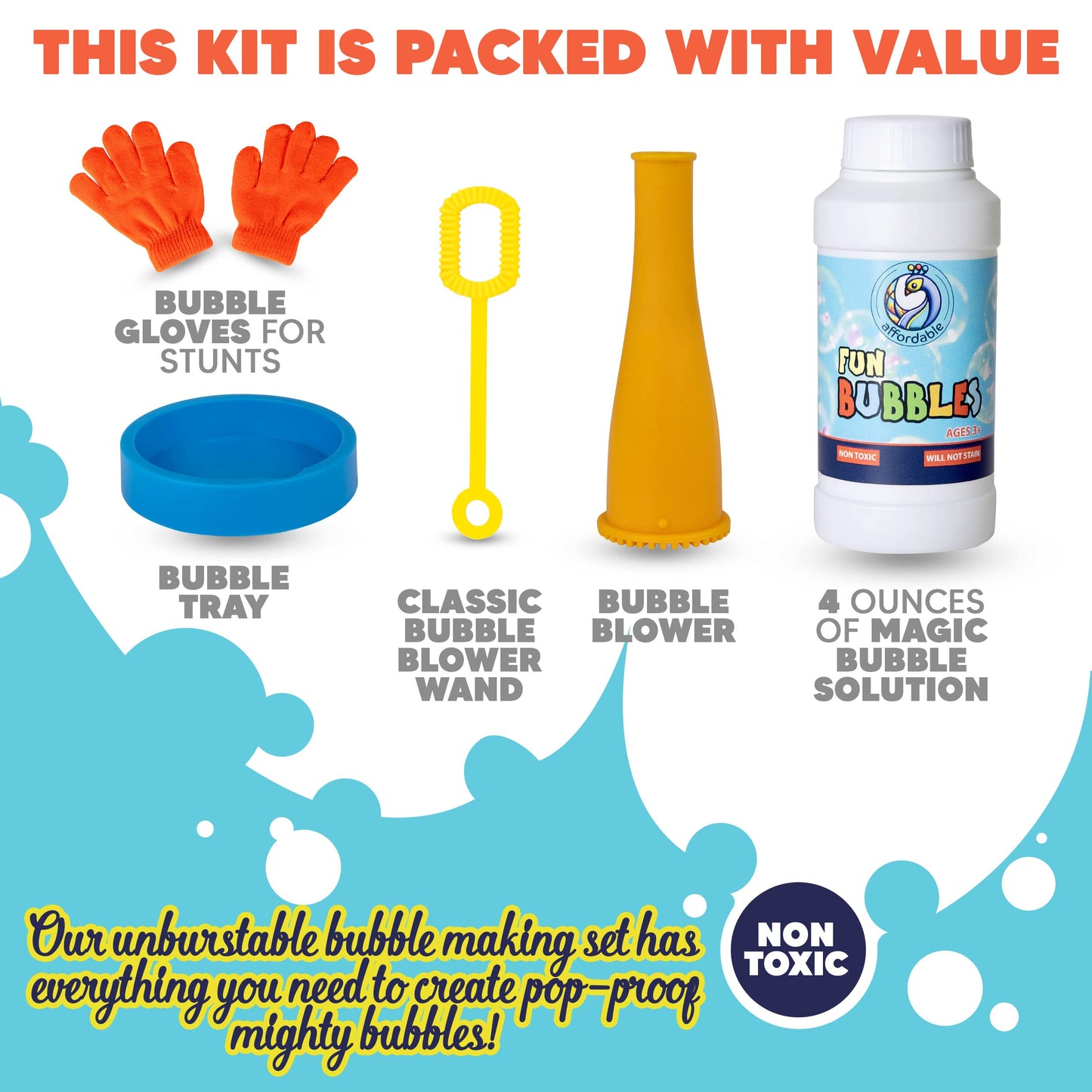 Touchable Bouncing Bubble Kit for Kids - Unpoppable Bubbles Solution Toy for Indoor & Outdoor Play - Unique Big Bubble Maker Game Makes a Great Gift for Boys & Girls